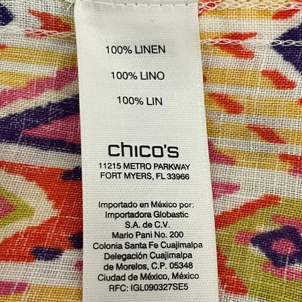 Chico's No Iron 100% Linen Button Down Tunic Sz XL Bright Geometric Print Summer